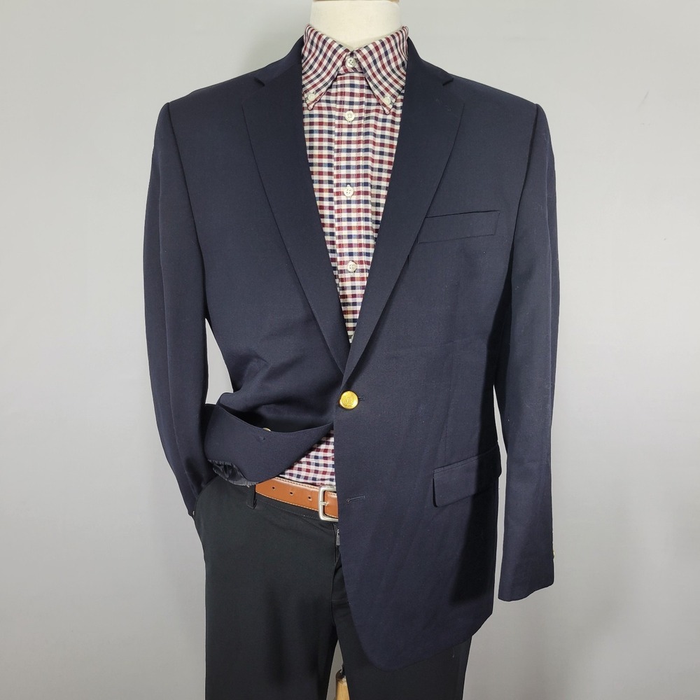 Chaps Men's Sport Coat Blazer Two Golden Button Deep Navy Blue Twill Wool 42R